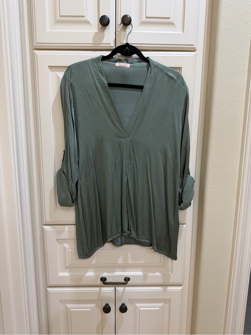 Relaxed V-Neck Tunic in Sage Green - Lightweight Roll-Tab Sleeve